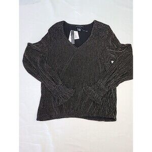 New Joan Vass Black Metallic Striped V Neck Stretch Knit Long Sleeve Top Large